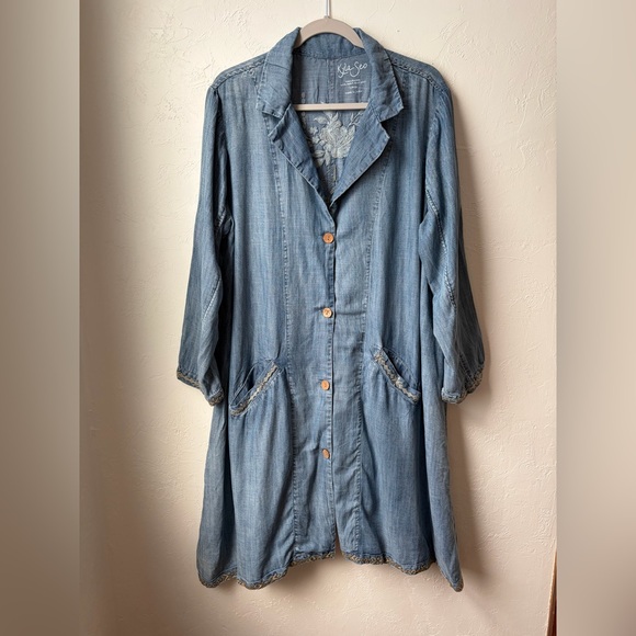 Kyla Seo Embroidered Chambray Laramie Jacket Dress Handmade India Boho Size L - Picture 3 of 12